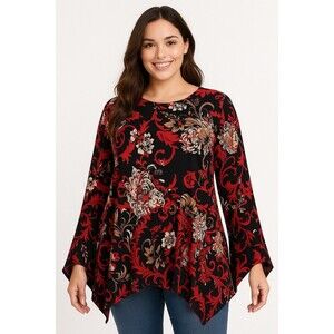 Brittany Black Women’s L Floral Blouse Red Black Pointed Hem Sleeve Tunic Top